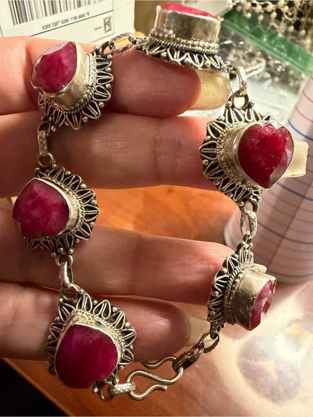 Sterling Silver 925 Ruby Heart Shape Bracelet Size 7”  Beautiful Chunky Thick